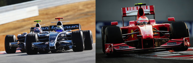 Williams cars testing in 2007, before the wider front wing (left), Kimi Raikkonen at the Abu Dhabi Grand Prix in 2009, with the wider wing (right).
